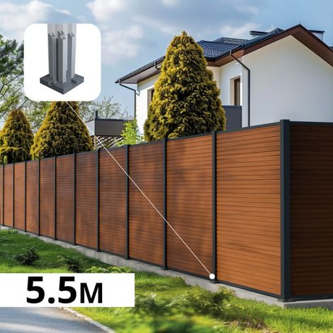 Kit Clôture Composite SANTOS Teck 5,5x1,8m - Bois composite & Aluminium - Poteaux sur Platines Gris - Brise vue - Palissade