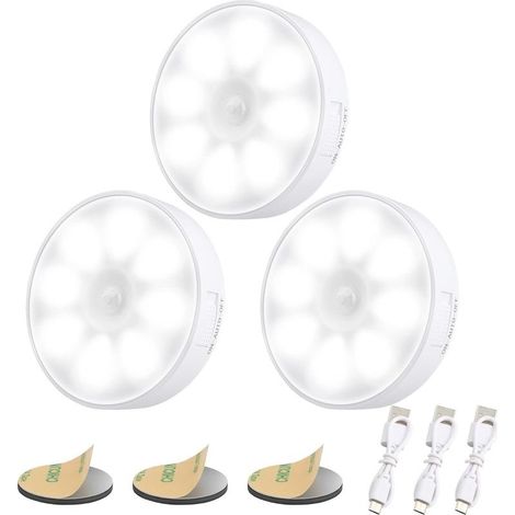 [Pack of 3] USB Rechargeable Automatic LED Night Light,6000K Induction Night Light & 8 LEDs & 400mAh Battery,Motion Sensor Lamp,LED Adhesive Lamp with Magnetic Base [Energy Class A] (1/5)