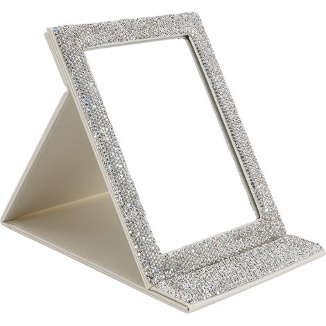 Miroir cosmétique pliable blanc haute définition innovant orné de strass, miroir de maquillage portable pour bureau de dortoir (1/5)