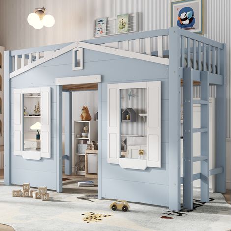 Cama infantil alta 90x200 cm con escalera reversible azul y blanco OKMYHOME (1/5)