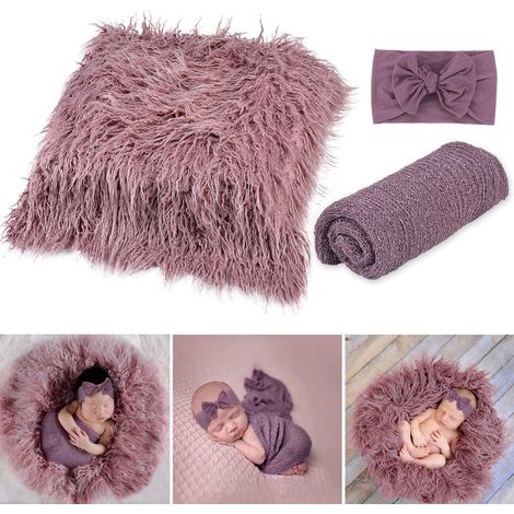 Lot de 3 accessoires photo nouveau-né violet, lange enveloppant polyvalent, tapis de pose et bandeau pour séance bébé (1/5)