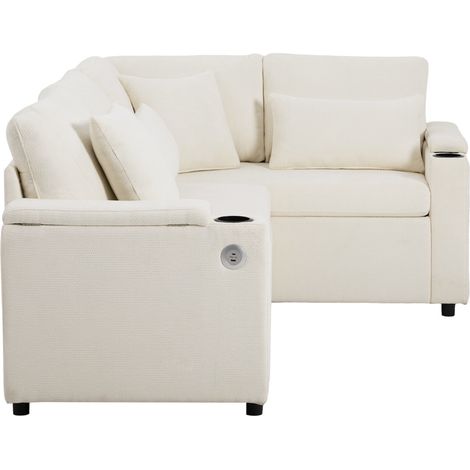 Ausziehbares L-Ecksofa mit Stauraum aus beiger Chenille, 4-Sitzer (1/5)