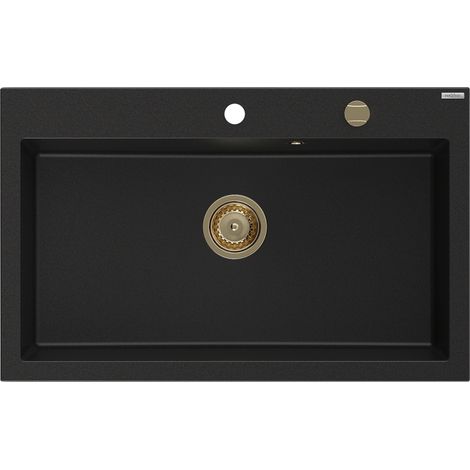Mexen Elix évier en granit 1 bac 800 x 500 mm, noir, siphon doré - 6527801005-77-G (1/5)