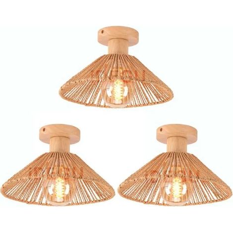 3pcs Plafonnier Vintage,26cm Lampe de Plafond Industriel en Rotin et Bois Design Edison E27 Luminaire Rétro pour Couloir (1/5)