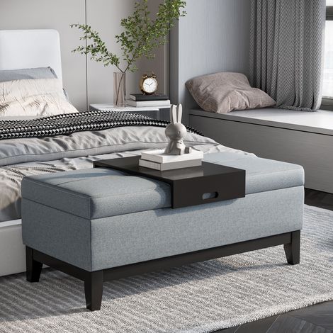 Banc de rangement avec plateau amovible, banquette capitonnée aspect lin, coffre de rangement avec pieds en bois, banc coffre pour salon, chambre, entrée, 107 x 50 x 44 cm, gris foncé (1/5)