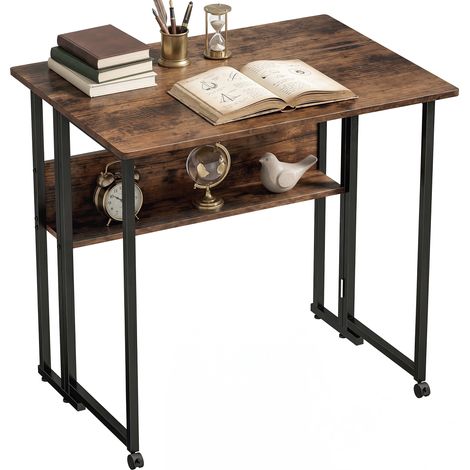 Bureau pliant avec compartiment de rangement, table pliante de 80 cm pour petits espaces, bureau, marron rustique (1/5)
