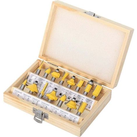 Fräser- und Trimmer-Set, 15-teiliges Hartmetall-Fräser-Set mit 8-mm-Schaft für Holzbearbeitung mit Schraubenschlüssel, Gelb
