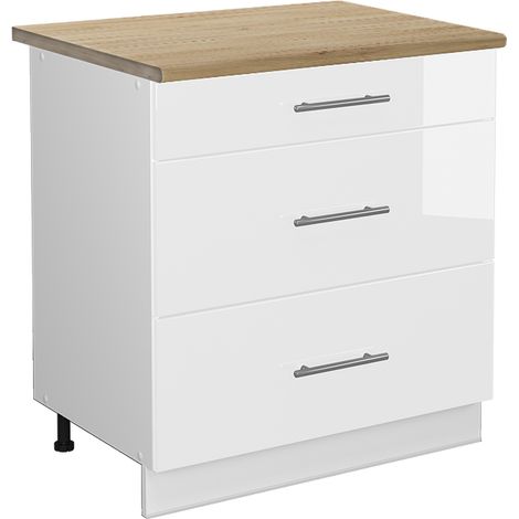 Mueble bajo de cocina Fame-Line, Blanco alto brillo, 80 cm con 3 cajones, ET Roble, Vicco (1/5)