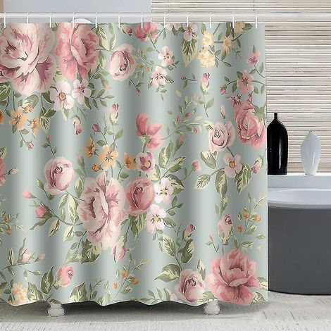 Pink Rose Flowers Shower Curtain With 12 Hooks Green Waterproof Mildew Resistant Fabric Curtain For Bathroom 180x180cm (1/4)