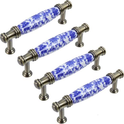 Lot de 4 poignées de porte d'armoire bleues et blanches en céramique Distance entre les trous 96 mm - faciles à installer - Vis incluses (1/5)