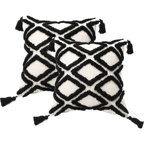 Blanc Noir Boho Rembourrage Taie d'oreiller Lot de 2, taie d'oreiller en velours tufté super doux avec franges classique motif ondulé, s'adapte au canapé 45,7 x 45,7 cm, ligne noire (1/5)