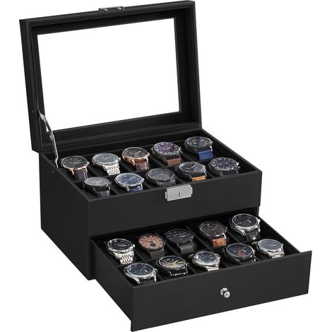 Boîte à Montres à 20 Emplacements, avec Couvercle en Verre, Écrin à 2 Niveaux, avec Coussinets Amovibles, Noir