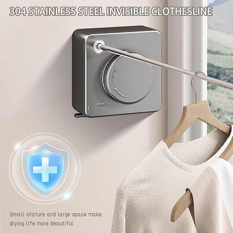 Corde à linge extensible, non perforante, pour montage mural, rétractable, 4,6 m, en acier inoxydable, gris (1/5)