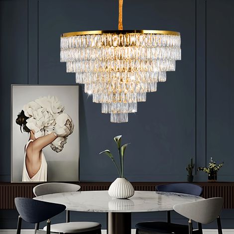 Grosser Luxus Kristall Kronleuchter Gold 60 cm Haengeleuchte mit 11x E14 mehrstufige Pendellampe hoehenverstellbar elegante Deckenleuchte fuer Wohnzimmer