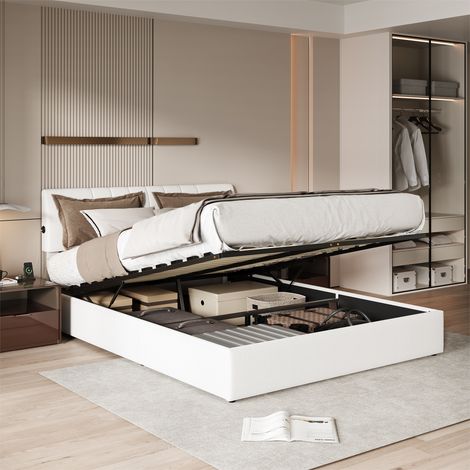 lit double 140x200 cm, lit coffre, lit 140x200 avec rangement, lit adulte, Chargement USB, cadre de lit, Blanc cassé, velours teddy