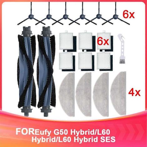 Pièces de rechange et accessoires pour aspirateur robot Eufy G50 Hybrid/L60 Hybrid : brosse principale, filtre et chiffon de nettoyage.