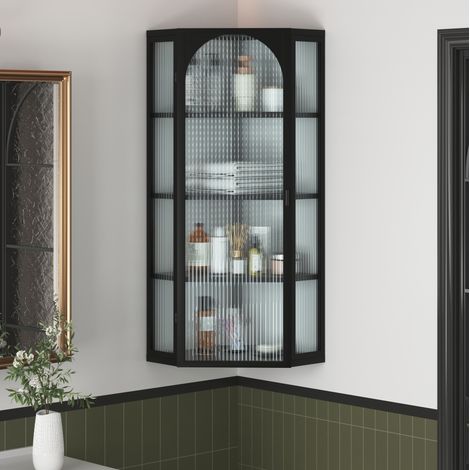 Armadio angolare da parete nero in metallo e vetro temperato, 56 x 40 x 105 cm, 4 ripiani (1/5)