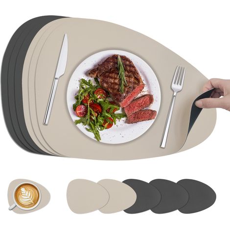 Set de Table Lavable, Lot de 6 Dessous de Table et Dessous de Verre, Sets de Table Double Face pour Les Cuisines, Tables à Manger, Bureaux, Gris Anthracite + Beige, 40x30cm (1/5)