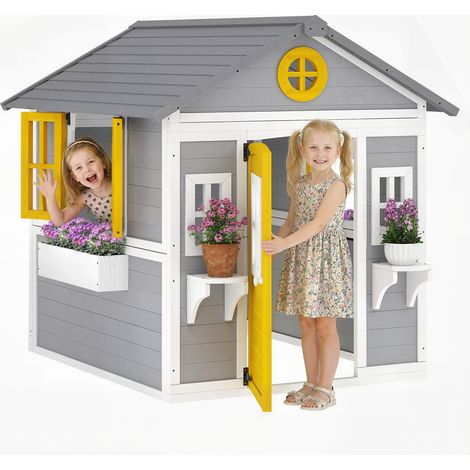 Outsunny casita infantil exterior e interior de madera, casita infantil con puerta, ventanas, jardineras y soportes de flores, para 3-8 años, gris