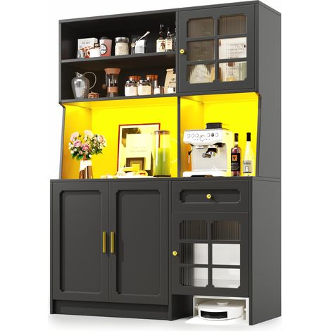Küchenschrank (130 x 45 x 180 cm), hoher Küchenschrank, Sideboard, Küchenschrank mit Glastüren und LED-Beleuchtung, Schwarz
