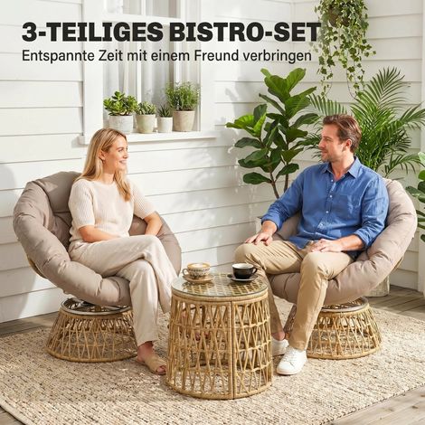 Ensemble de jardin bistrot avec coussins déhoussables, résistant aux intempéries, 85x70x82 cm, teinte naturelle et brun clair (1/4)