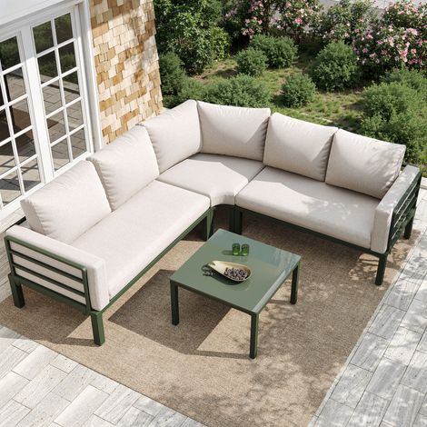 Salotto da Giardino 5 Posti in Metallo con Tavolo in Vetro, 2 Divani, Poltrona e Cuscini Spessi, Beige