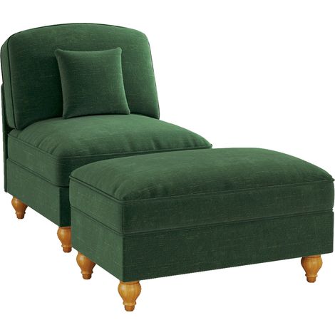 Sillón relax de chenilla verde con reposapiés, falda fruncida desmontable y patas de madera (1/5)
