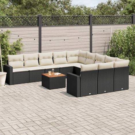 Salon de jardin 12 places en résine tressée noire avec coussins amovibles, table acacia (1/3)