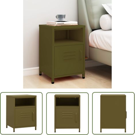 The Living Store Table de chevet Vert olive 35x35x51 cm Acier - Table De Chevet - Meuble De Chambre - Table D'appoint - Table Verte - Table Design (1/5)