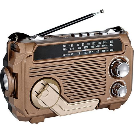 Radio multifonctionnelle avec manivelle, chargement solaire, Bluetooth tri-bande, MP3 et générateur d'énergie aléatoire. (1/3)