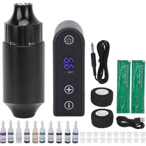 Kit de machine à tatouer rotative sans fil, alimentation DC, cordon clip, liner et shader, stylo tatouage noir, pack complet. (1/5)