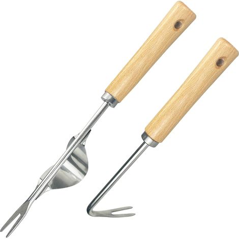 2 herramientas manuales de deshierbe de acero inoxidable con mango ergonómico de madera, extractor de raíces, para eliminar malas hierbas de jardines, paisajes y huertos. (1/5)