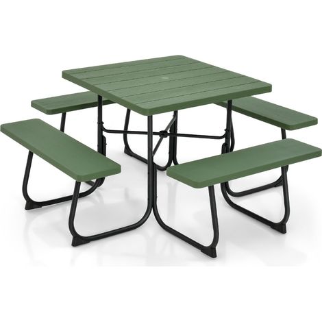 Ensemble table de pique-nique lot de 1 170 x 170 x 76 cm pour 8 personnes avec trou pour parasol style extérieur en métal vert