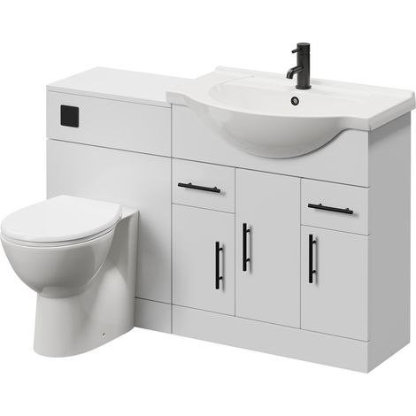 Alexander James Gloss White 1250mm 3 Door Vanity Unit Toilet Suite - 1250mm - Matt Black 96mm Knurled Bar HandleJames Toilet Pan and Seat