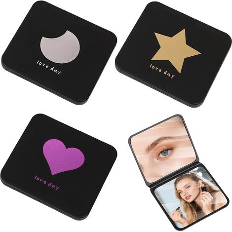 Miroir grossissant x30 de Poche Double Face Compact 7x6.5 cm Noir avec poignée – Miroir à Main Pliable cœur Lune étoile pour Maquillage, Voyage, Soins Visage Femmes (1/5)