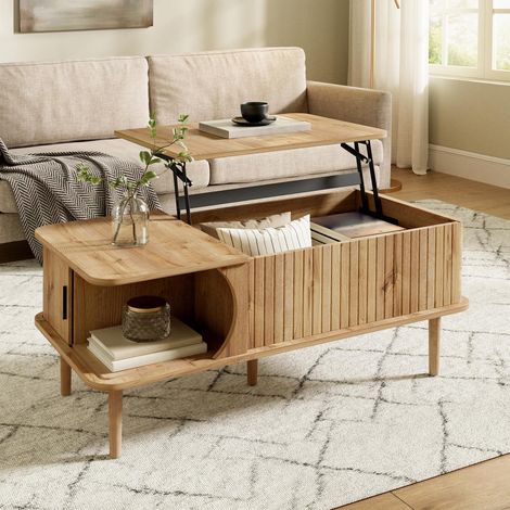 Table basse relevable - 100x48x55.5 cm - salon multifonctionnelle avec porte coulissante et coffre de rangement - effet bois cannelé rétro - naturel (1/5)