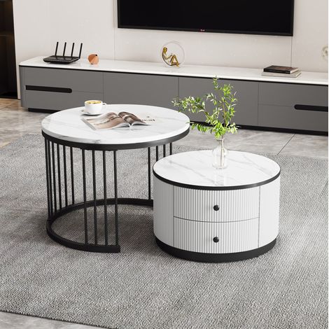 2-teiliges Couchtisch-Set, rund, weiß, Hochglanz-Marmoroptik, 2 Schubladen, 30 kg, HAVRYA (1/5)