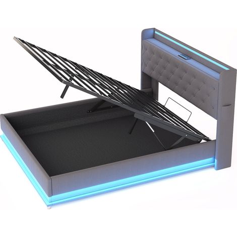 Cama tapizada LED 160x200 cm con USB y almacenamiento hidráulico, tela de lino gris HOMVRA (1/5)