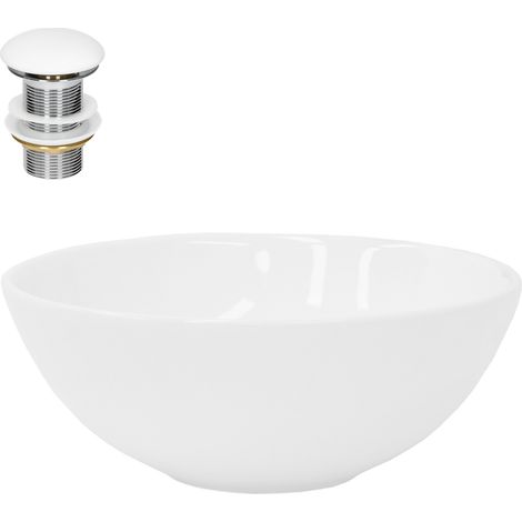 ML-Design Lavabo Cerámica Blanco Brillante Forma Redonda Ø 280 x 116 mm Incl. Juego De Desagüe Sin Rebosadero Válvula Pop Up 100 mm Altura Lavamanos Moderno De Encimera Para Baño Aseo (1/5)