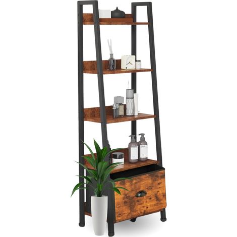Étagère à échelle étroite à 5 Niveaux pour Maison, Bureau, Salon, Chambre à Coucher, Cuisine, bibliothèque en Bois avec tiroirs, Industrie, Marron Rustique et Encre Noire (1/5)