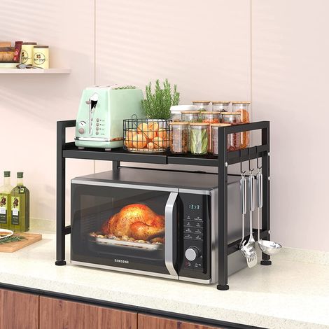 Supporto estensibile per forno a microonde - Mobiletto portaoggetti da cucina con 3 ganci 40-64 x 36 x 45 cm - Nero (1/5)