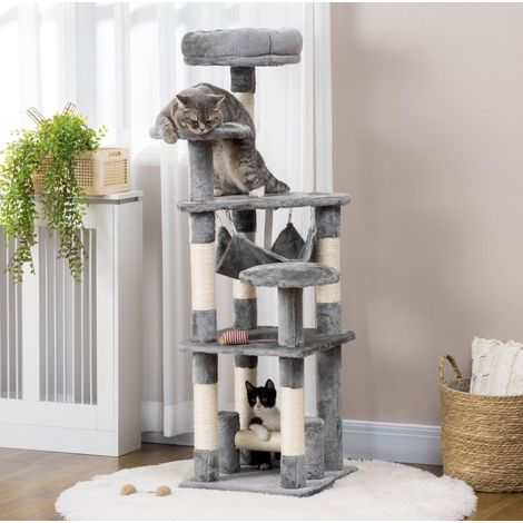 Arbre à chat 40x40x132 cm en panneaux de bois gris avec hamac, pour petit espace – MEUBLIV (1/5)