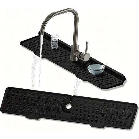 Tapis Robinet Silicone 60x14,5 cm Évier Protection Éclaboussures Noir Tapis Évier Silicone Flexible 60x14,5 cm