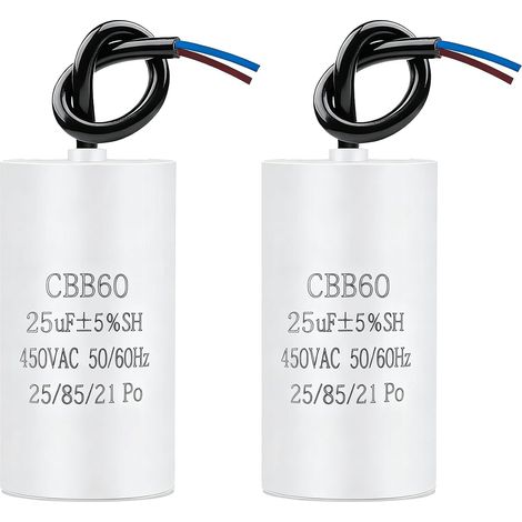2 Pièces CBB60 25µF 450V AC Condensateur, Condensateur de Démarrage Moteur 450V 50/60Hz, Condensateurs Microfarad avec Fils, Auto-guérison Film Polypropylène, Boîtier Cylindre 70×38mm pour Pompe (1/5)