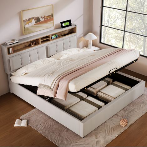 Bett Doppelbett Stauraum 140x200 Leinen mit USB OKMYHOME (1/5)