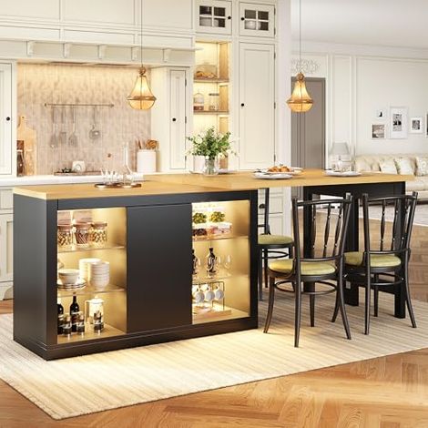 Îlot central extensible pivotant 360° avec rangements, étagères en verre réglables et éclairage LED RGB, table de cuisine multifonction 120 à 197 cm,Noir