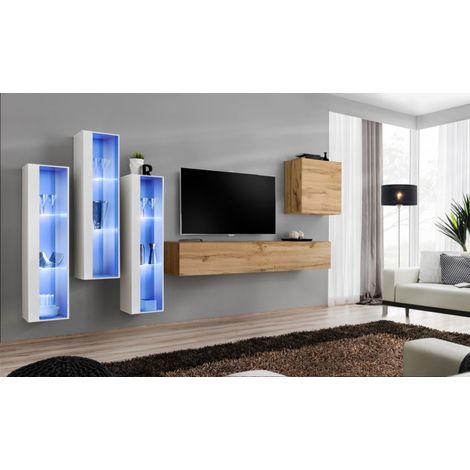 Meuble TV Mural Design "Switch XIII" 330cm Naturel & Blanc (1/3)