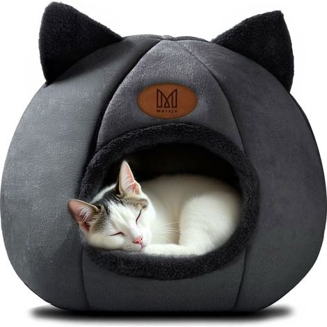 Maisonnette pour chat en peluche noire – Lit douillet avec oreilles de marguerite – Fond antidérapant – Dimensions 35cm x 35cm (1/5)
