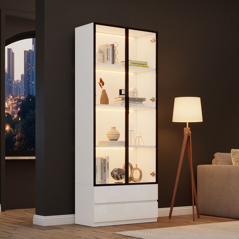 Vitrine 80x34x200 cm grande armoire avec lumières LED 2 tiroirs étagères d’exposition cadre aluminium blanc. meuble latéral salon 2 (1/5)