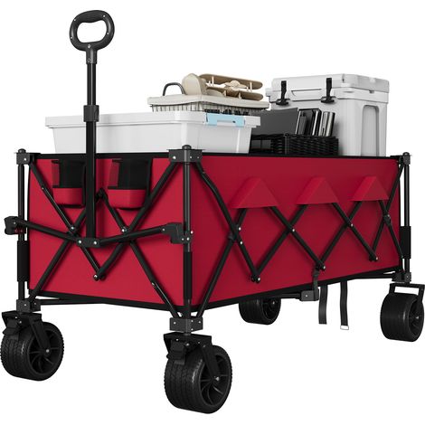 Chariot de camping 35" pour plage, Capacité 350 lbs, ultra-grand volume 280L, tout-terrain, avec porte-gobelets et freins, Rouge (1/5)